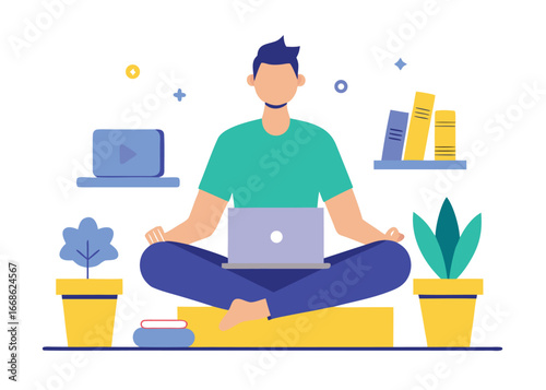 Man Meditating with Laptop Remote Work Mindfulness and Digital Wellbeing Illustration