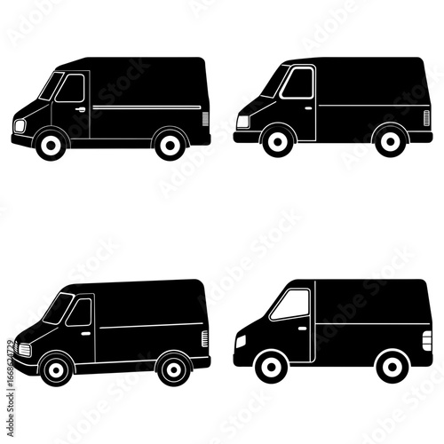 Four black and white delivery vans with different body styles and window configurations shown in profile