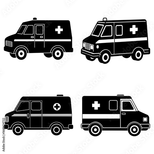 Illustration of four black and white ambulance vehicles with crosses in varying styles and orientations