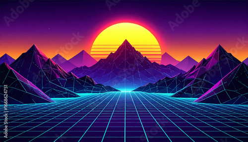 Neon peaks and sunset glow design. Digital retro sunset and neon hills. Vibrant retro neon mountain landscape. Sunset glow over futuristic grid. Retro futuristic sunset over mountains