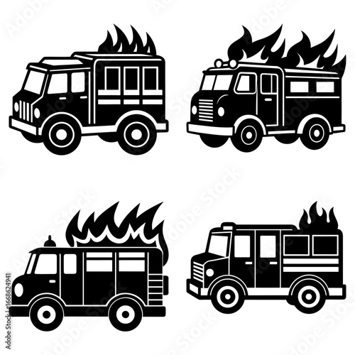 Four black and white fire trucks with flames on top in a vector graphic illustration style design