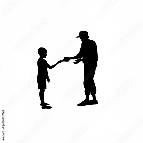 Silhouette of child receiving bread from ngo worker isolated on white background