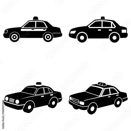 Four black taxi cabs with lights on top in various perspectives on a white background image design