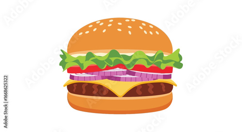 Juicy Cartoon Burger with Fresh Toppings on a White Background - Food Illustration