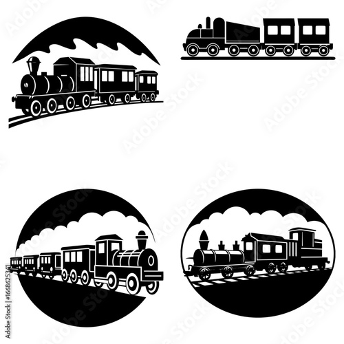 Illustrations of vintage steam trains with passenger cars in various graphic arrangements and compositions