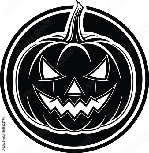 Halloween pumpkin logo design, spooky jack o lantern face illustration, scary horror pumpkin icon, creepy Halloween symbol for party, decoration, branding, stickers, invitations and holiday design