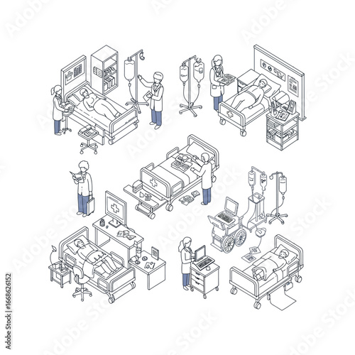Isometric Illustration of Hospital Patients in Beds with Doctors and Nurses Providing Care