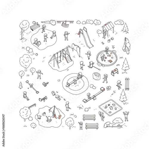Isometric playground illustration kids playing on swings slides seesaws and sandbox
