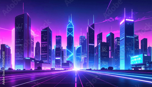 Cyberpunk city with glowing buildings. Futuristic neon-lit street and skyscrapers. Electric city at night in neon colors. Hypermodern city with neon reflections. Neon lights illuminating futuristic ci
