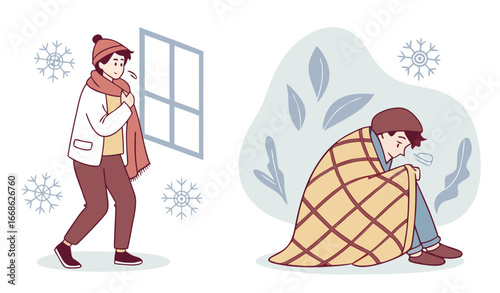"A professional, high-resolution line art illustration featuring two characters experiencing cold winter weather, isolated on a clean white background. On the left, a person wearing a beanie sits hudd