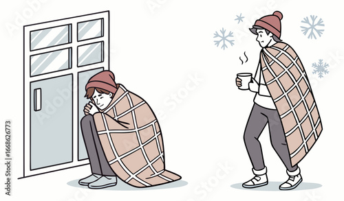 "A professional, high-resolution line art illustration featuring two characters experiencing cold winter weather, isolated on a clean white background. On the left, a person wearing a beanie sits hudd
