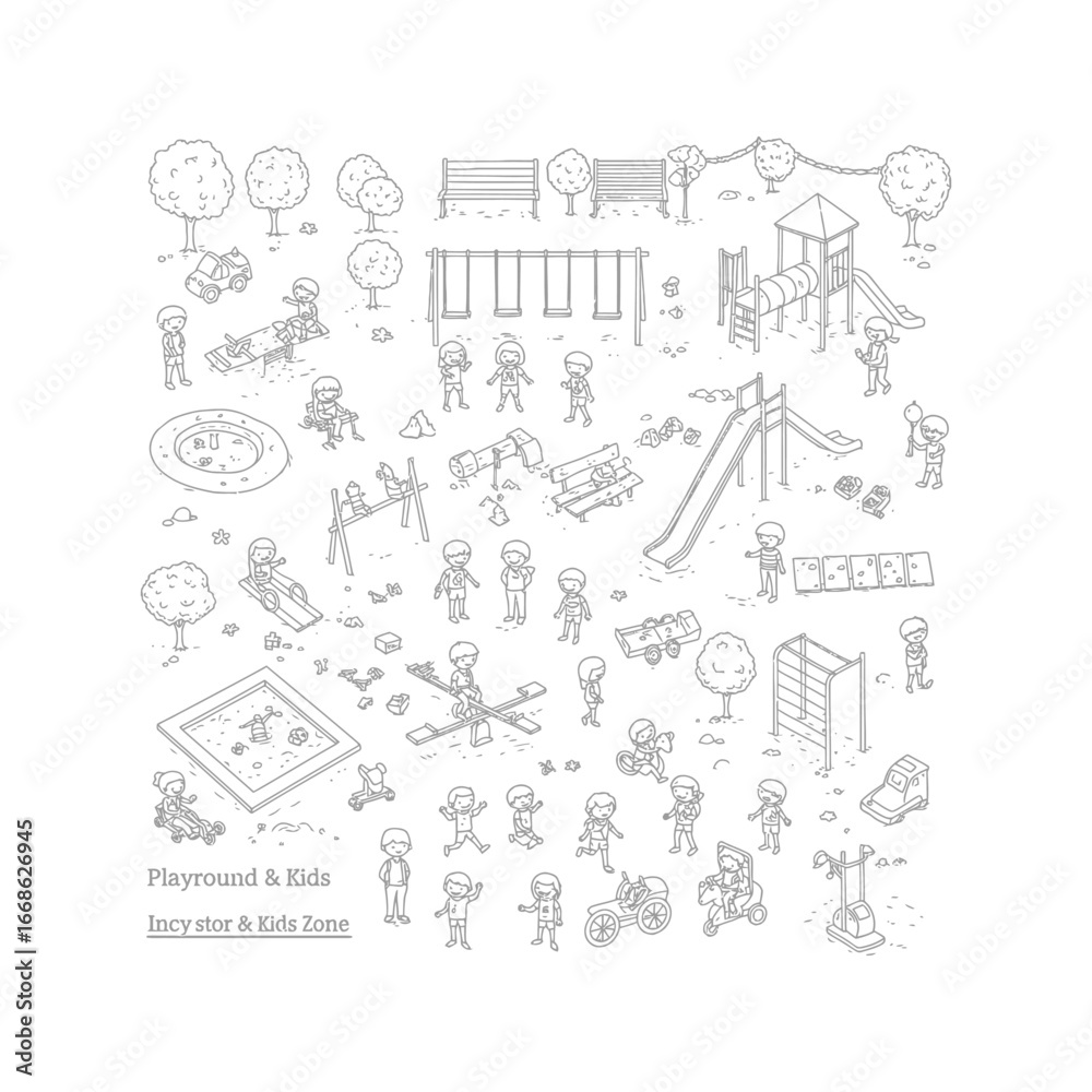 Fototapeta premium Kids playground illustration swings slides climbing frame sandbox seesaw play equipment children playing