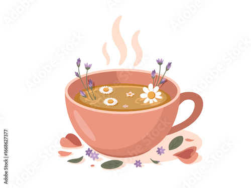 Herbal Tea Infusion in Pink Cup with Lavender and Chamomile Flowers for Relaxation and Wellness illustration