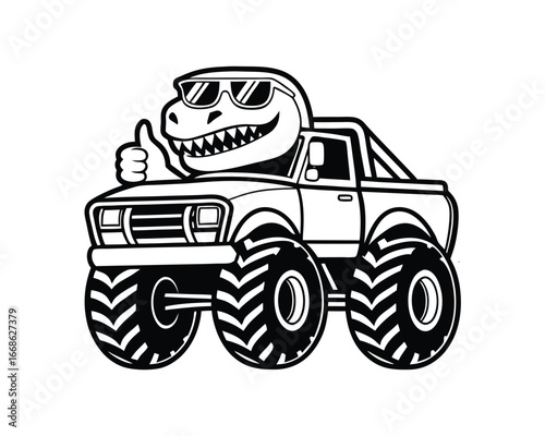 A cool cartoon dinosaur wearing sunglasses giving a thumbs up while driving a monster truck with large tires