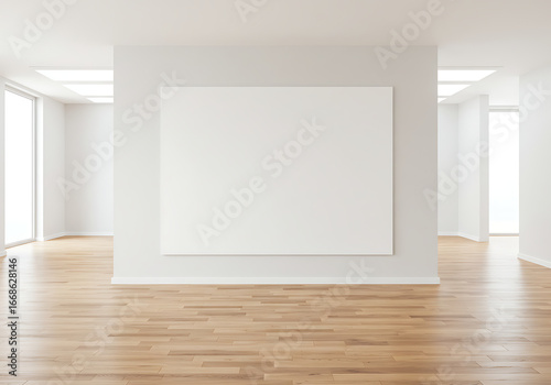 A large blank square canvas on a wall in a bright, modern art gallery with wooden floors. A perfect mockup for displaying artwork or photos.

