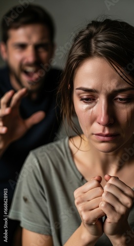 A distraught woman cries, hands clenched, as an angry man gestures threateningly behind her, creating a tense domestic scene