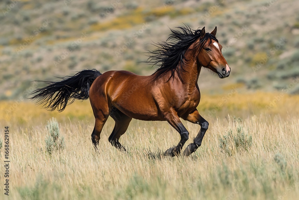 Fototapeta premium Majestic Mustang Free Horse Galloping in the Wild Western Landscape Horse Photography Equine Beauty Wilderness Freedom