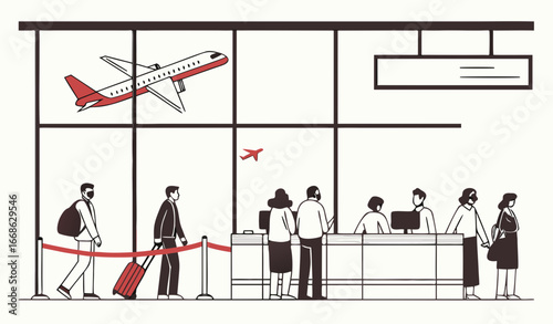People are in queue at the airport. Passengers standing in line to gate, registration counter, check luggage. Crowd waiting boarding to airplane for travel. Flat isolated vector illustration