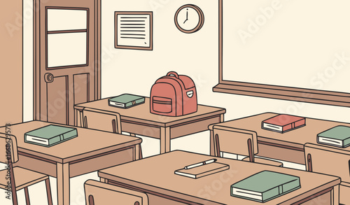 Empty classroom front view. Scene of blank class room with brown desks. School interior with tables for pupils. Students workplaces with stationeries, backpacks and open books. Flat vector illustratio
