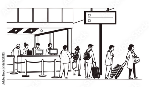 People are in queue at the airport. Passengers standing in line to gate, registration counter, check luggage. Crowd waiting boarding to airplane for travel. Flat isolated vector illustration