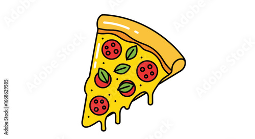 Vibrant cartoon illustration of a delicious pizza slice, adorned with melted cheese, savory pepperoni, and aromatic basil leaves, ready for any culinary design