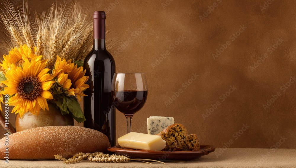 Naklejka premium Still life of bread, wine, cheese, and sunflowers. Rustic autumnal theme
