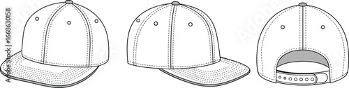 Baseball cap front view, side view, back view, blank snapback hat illustration, fashion accessory design, sports cap template, casual headwear