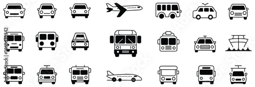 Black and white transport icons, car, bus, airplane, boat, truck, motorcycle, scooter, yacht, minibus, taxi, delivery, travel, traffic, helicopter, sailboat, pickup, vehicle, transportation, mobility