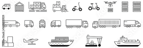 Transport, logistics, delivery, shipping, cargo, warehouse, truck, van, forklift, drone, scooter, boxes, bus, seaplane, crane, barcode, supply chain, freight, infrastructure, distribution