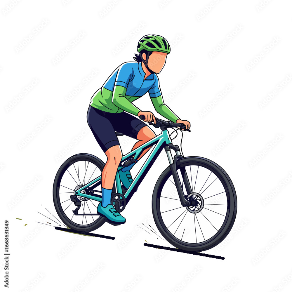 Naklejka premium Cartoon Bicyclist Riding a Mountain Bike with Helmet