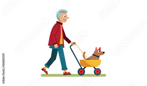 Elderly woman walking her dog in a stroller