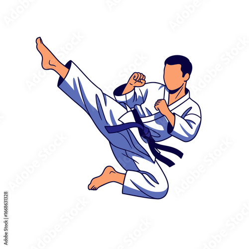 A male karate athlete performing a powerful high kick.