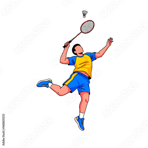 A male badminton player in mid-air, executing a powerful overhead smash with a racket, hitting a shuttlecock.