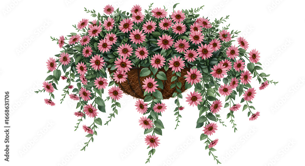 Fototapeta premium Pink daisy plant in a pot, decorative flowers for garden, home decor, and floral design inspiration - Isolated White Background