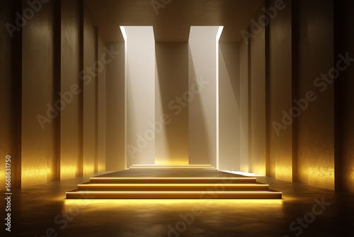 A minimalist, glowing circular stage is set against a dark background with vertical golden light lines. A single spotlight shines down. The image symbolizes a moment of triumph, a grand performance
