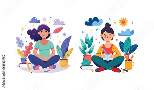 Two young women meditating peacefully surrounded by plants and clouds