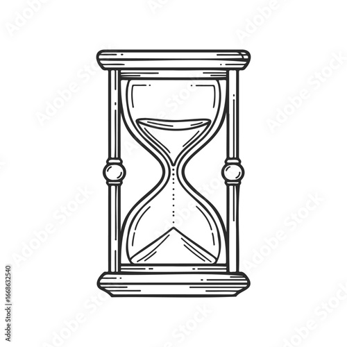 Vintage hourglass sketch with sand timer in black and white line art style