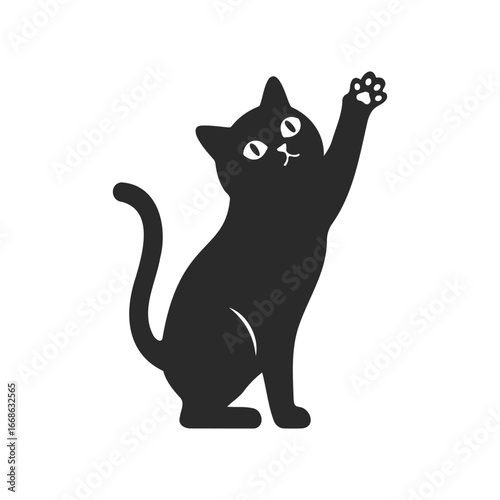 Black silhouette of playful cat reaching up on white background