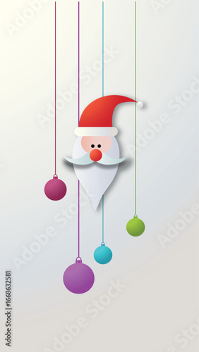 Santa claus and christmas balls hanging on colorful strings