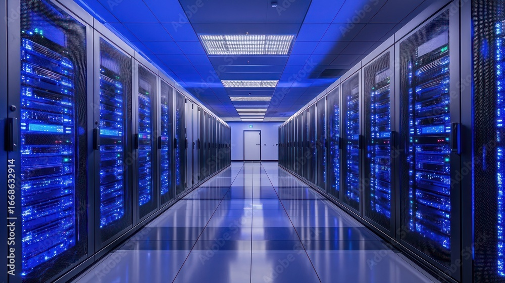 Fototapeta premium A long hallway with server racks in a data center.
