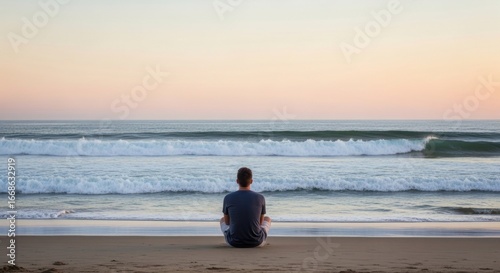 A person sitting on the beach at sunset, gazing at the ocean waves under a colorful sky