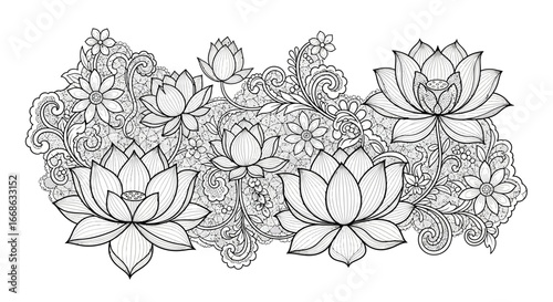 Intricate Mandala Style Design with Lotus Flowers and Swirls on Isolated White Background