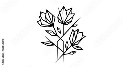 Modern Abstract Geometric Flowers with Stems Minimalist Design on Isolated White Background