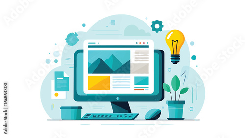 Creative Website Design Concept with Computer, Idea Bulb, and Plant