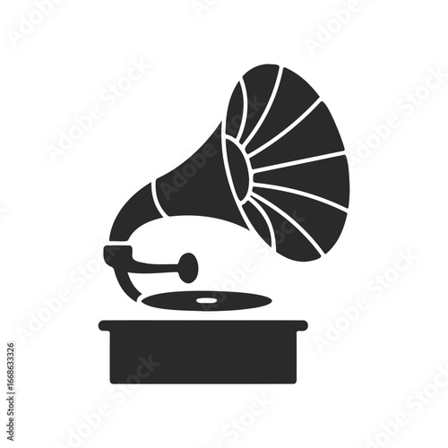 Vintage gramophone icon silhouette with vinyl record and horn speaker