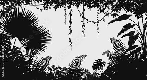 Dense Tropical Jungle Foliage Silhouette with Palm Leaves and Vines in Bright Studio