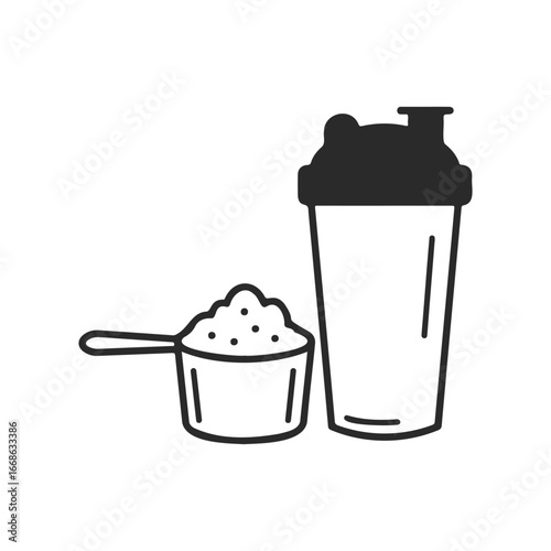 Protein supplement icon: shaker bottle and powder scoop in black and white