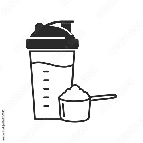 Protein shake bottle and powder scoop icon for fitness nutrition
