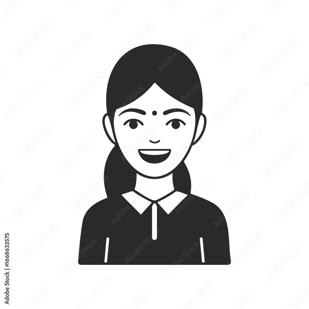 Fototapeta premium Smiling asian female avatar with ponytail and bindi on white background