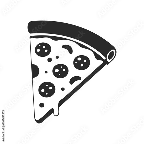 Black and white pizza slice icon with toppings on white background